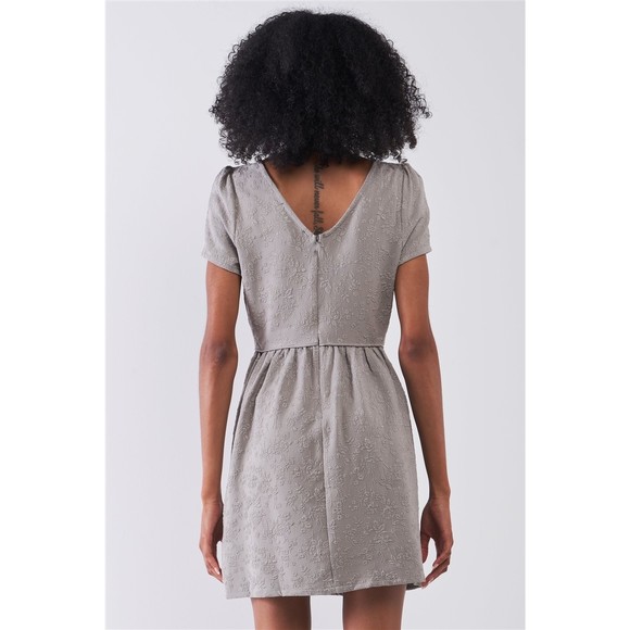 Silver Grey Floral Embroidery Round Neck Short Sleeve Mini Dress - Picture 3 of 6